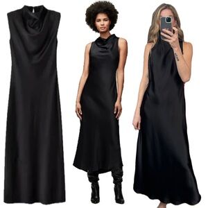 NWT Zara Black Drape Cowl Mock Neck Sleeveless Satin Maxi Mid Dress